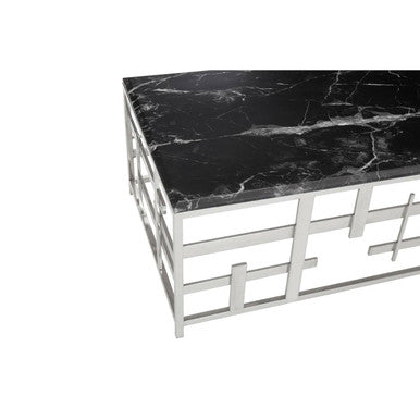 Black Marble Top Coffee Table With Silver Geometric Stainless Steel Base, Aprilia
