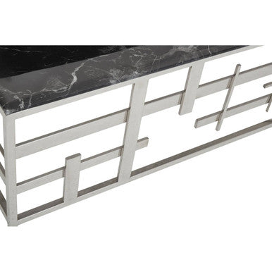 Black Marble Top Coffee Table With Silver Geometric Stainless Steel Base, Aprilia