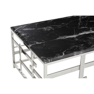 Black Marble Top Coffee Table With Silver Geometric Stainless Steel Base, Aprilia