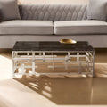 Black Marble Top Coffee Table With Silver Geometric Stainless Steel Base, Aprilia