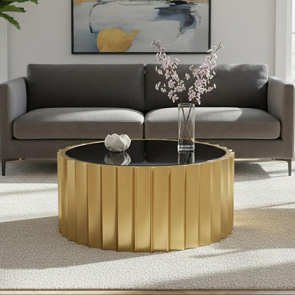 Black Glass Top & Titanium Base Round Coffee Table, Alvaro