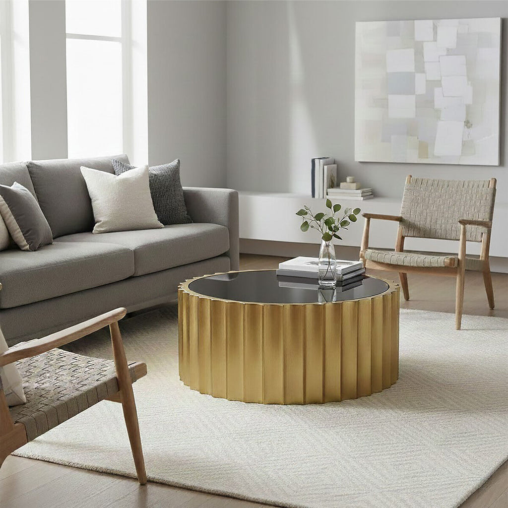 Black Glass Top & Titanium Base Round Coffee Table, Alvaro