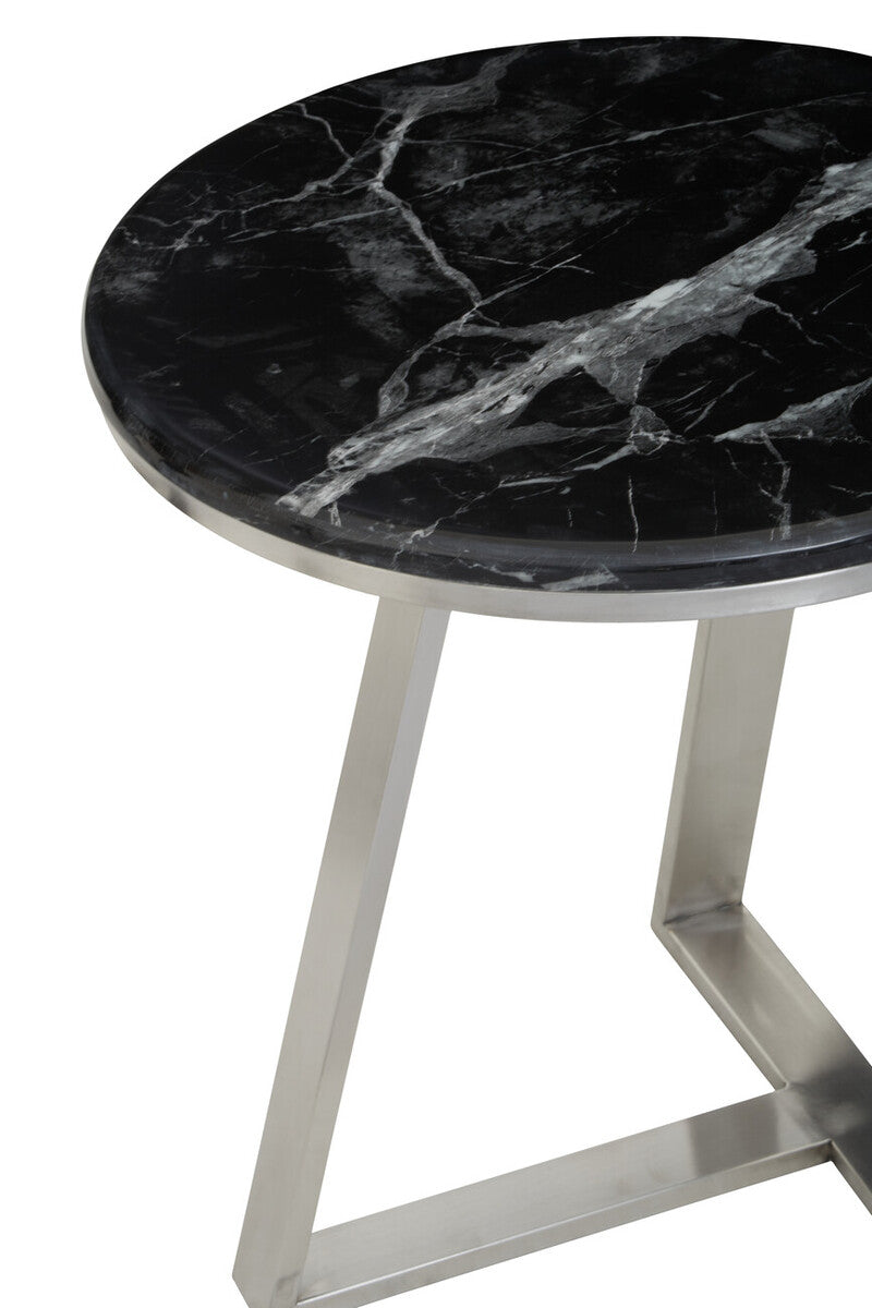 Silver Frame Side Table With Round Black Marble Top, Alvaro