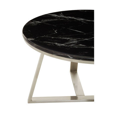 Silver Frame Coffee Table With Round Black Marble Top, Alvaro