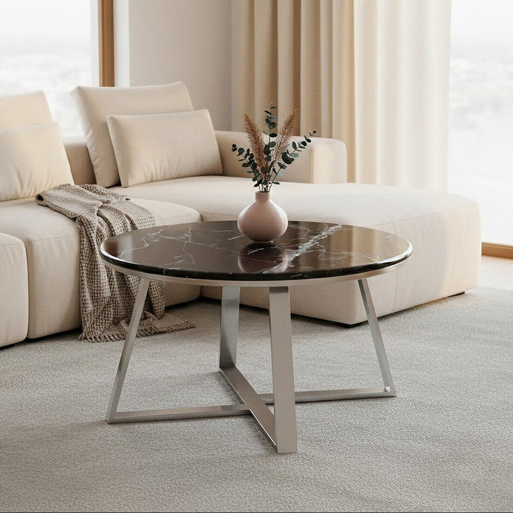 Silver Frame Coffee Table With Round Black Marble Top, Alvaro