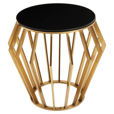 Gold Base Round Side Table With Black Glass Top, Ackley