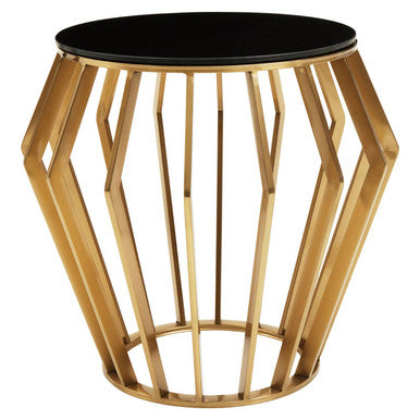 Gold Base Round Side Table With Black Glass Top, Ackley