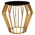 Gold Base Round Side Table With Black Glass Top, Ackley