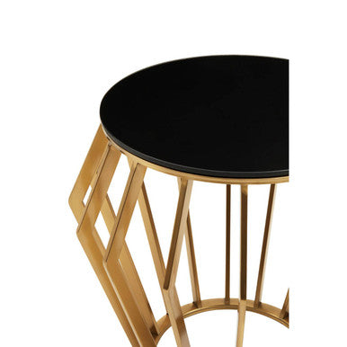 Gold Base Round Side Table With Black Glass Top, Ackley