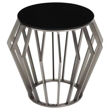 Silver Base Round Side Table With Black Glass Top, Ackley
