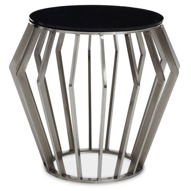 Silver Base Round Side Table With Black Glass Top, Ackley