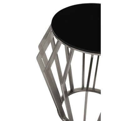 Silver Base Round Side Table With Black Glass Top, Ackley