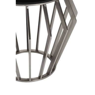 Silver Base Round Side Table With Black Glass Top, Ackley
