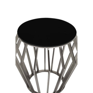 Silver Base Round Side Table With Black Glass Top, Ackley