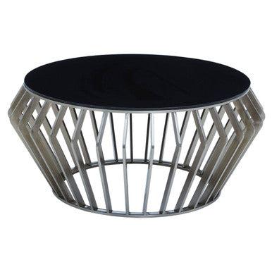Silver Base Round Coffee Table With Black Glass Top, Ackley