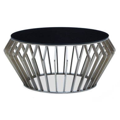 Silver Base Round Coffee Table With Black Glass Top, Ackley