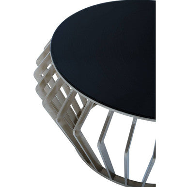 Silver Base Round Coffee Table With Black Glass Top, Ackley