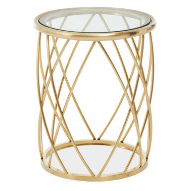 Gold Base Round Side Table With Clear Glass Top, Ackley