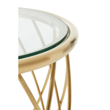Gold Base Round Side Table With Clear Glass Top, Ackley