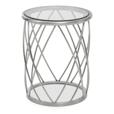 Silver Base Round Side Table With Clear Glass Top, Ackley