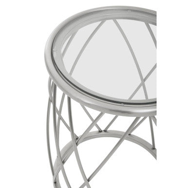 Silver Base Round Side Table With Clear Glass Top, Ackley