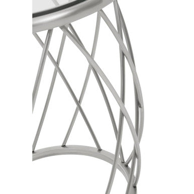 Silver Base Round Side Table With Clear Glass Top, Ackley