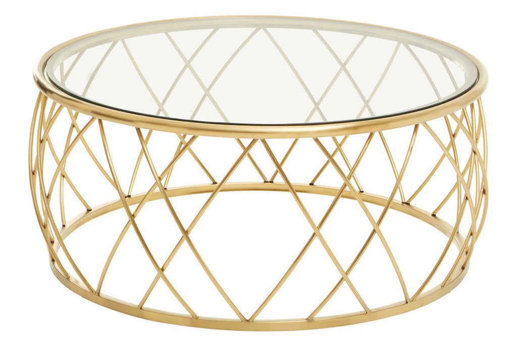 Gold Base Round Coffee Table With Clear Glass Top, Ackley