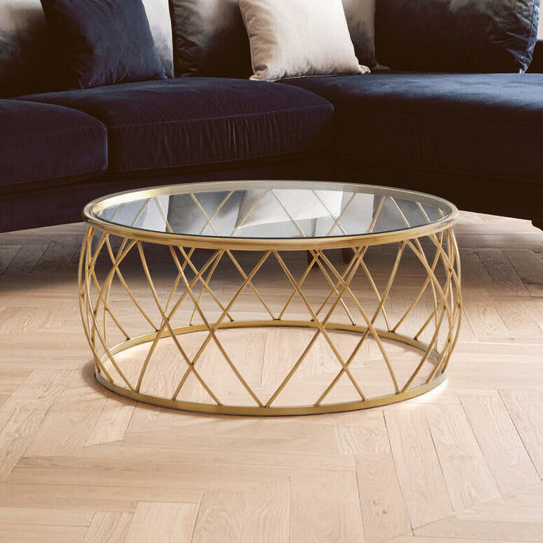 Gold Base Round Coffee Table With Clear Glass Top, Ackley
