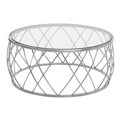 Silver Base Round Coffee Table With Clear Glass Top, Ackley