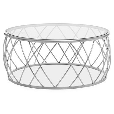 Silver Base Round Coffee Table With Clear Glass Top, Ackley