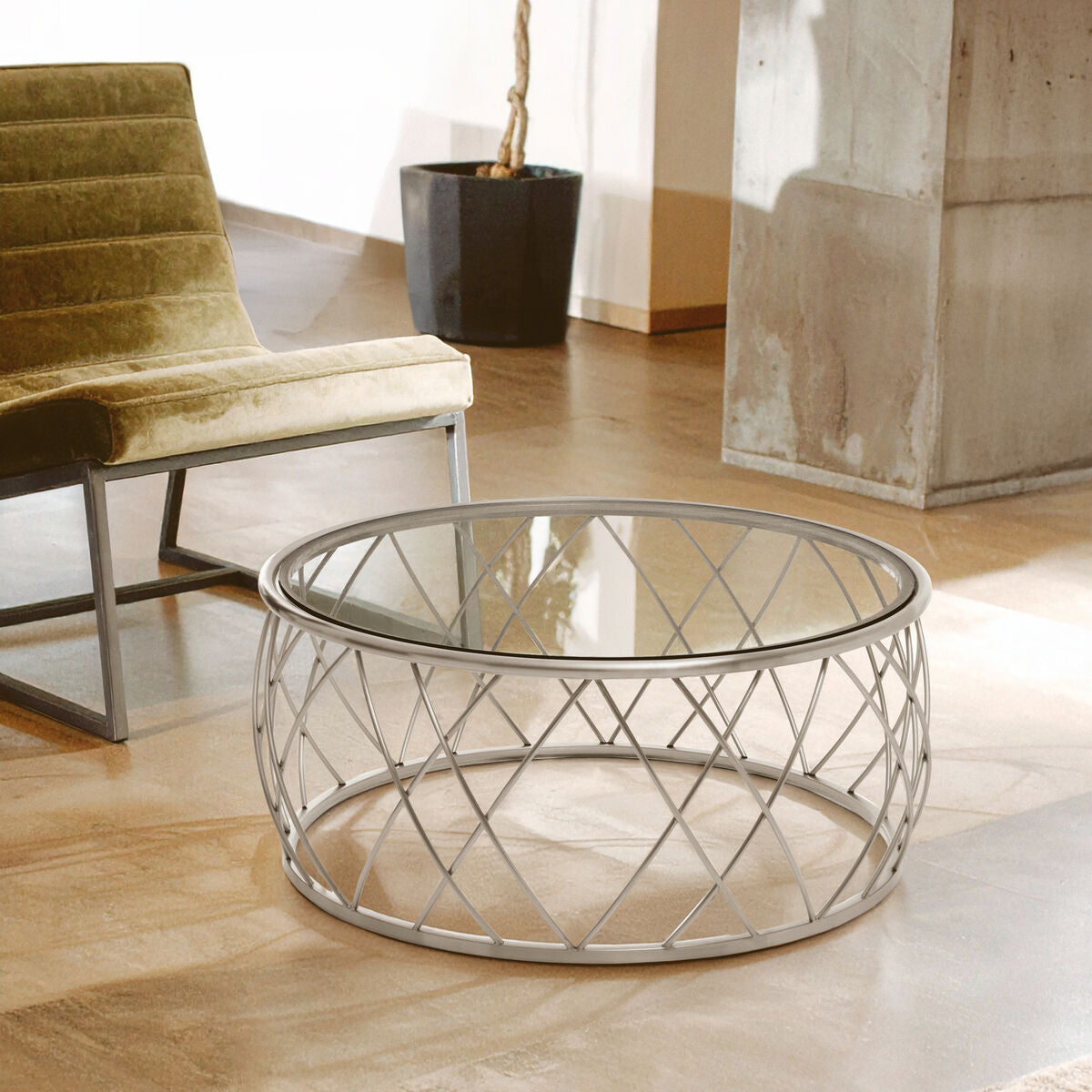 Silver Base Round Coffee Table With Clear Glass Top, Ackley