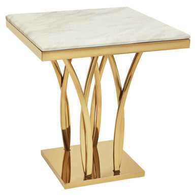 White Marble Top Side Table With Gold Sculptural Metal Base, Arenza