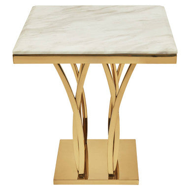 White Marble Top Side Table With Gold Sculptural Metal Base, Arenza