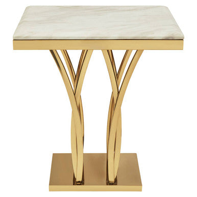 White Marble Top Side Table With Gold Sculptural Metal Base, Arenza