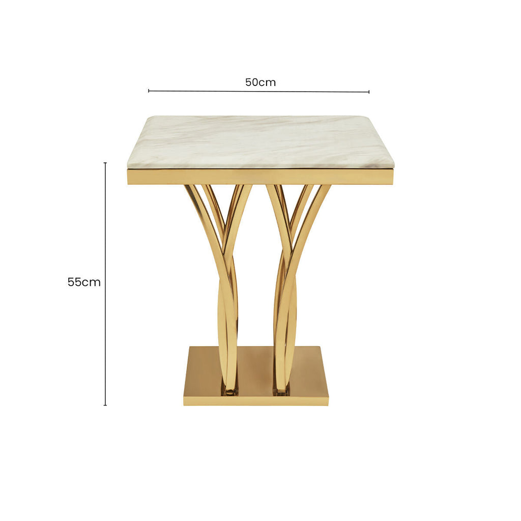 White Marble Top Side Table With Gold Sculptural Metal Base, Arenza