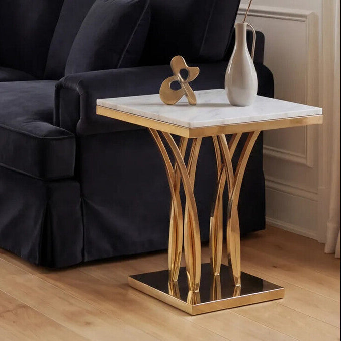 White Marble Top Side Table With Gold Sculptural Metal Base, Arenza
