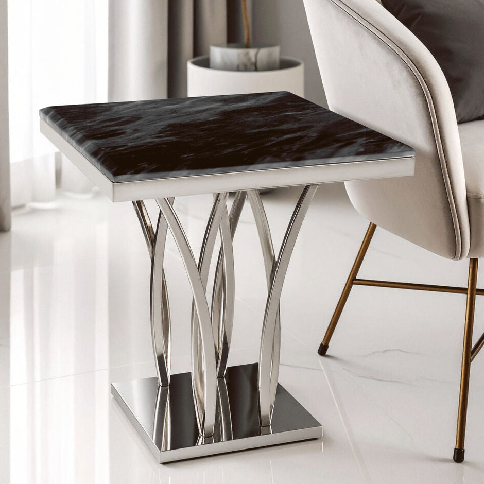 Black Marble Top Side Table With Silver Sculptural Metal Base, Arenza