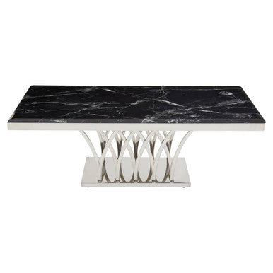 Black Marble Top Coffee Table With Intricate Silver Base, Arenza