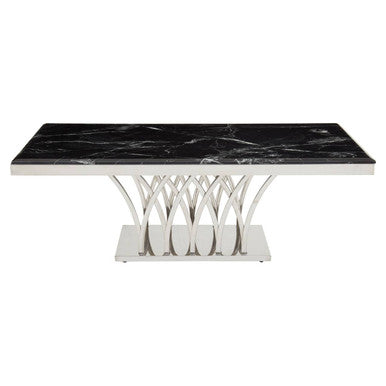 Black Marble Top Coffee Table With Intricate Silver Base, Arenza
