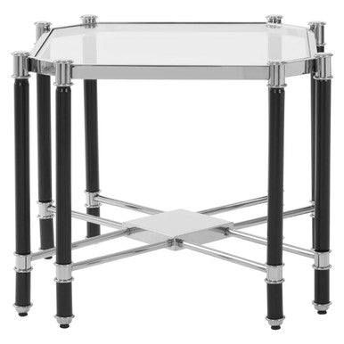 Silver & Black Chrome End Table With Clear Tempered Glass Top, Allessi