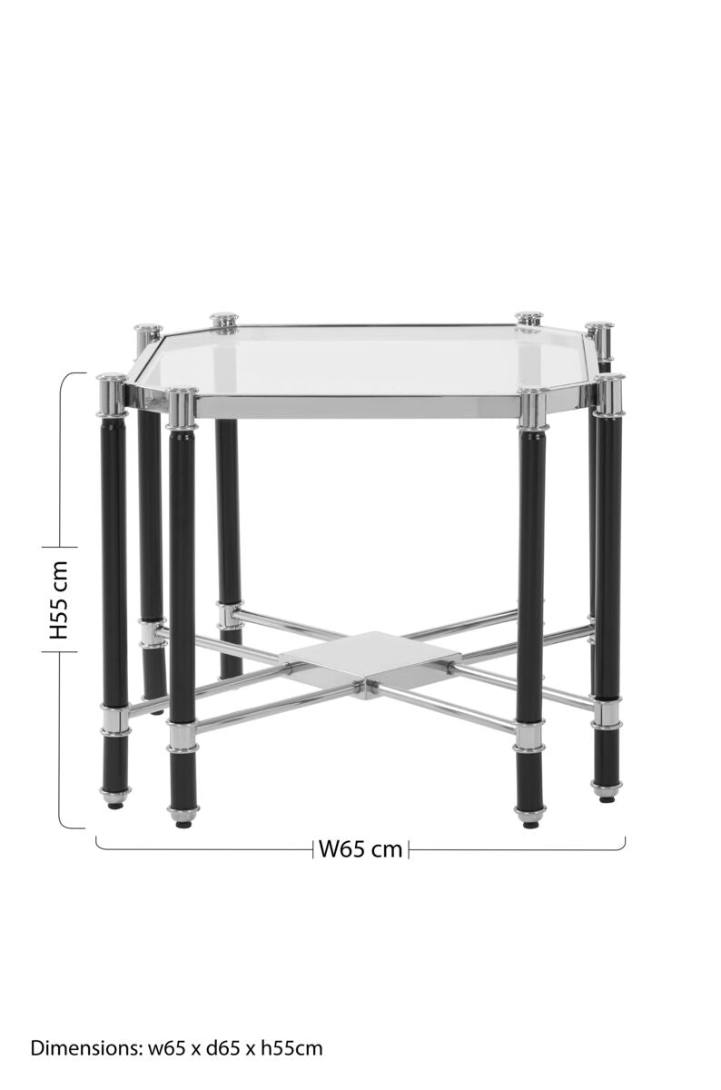Silver & Black Chrome End Table With Clear Tempered Glass Top, Allessi