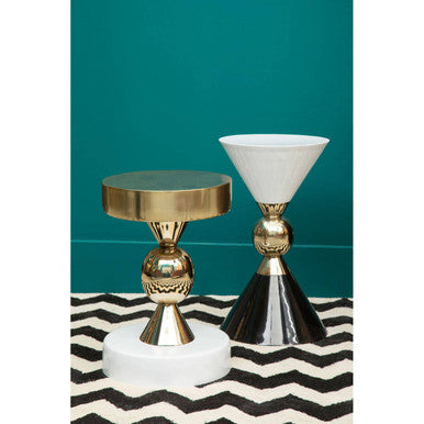 Gold & Black Metal Angular Side Table With White & Black Top & Rounded Base, Martini