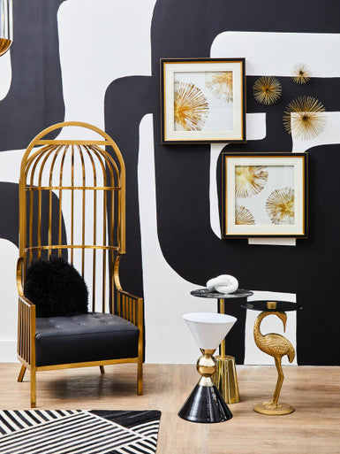 Gold & Black Metal Angular Side Table With White & Black Top & Rounded Base, Martini