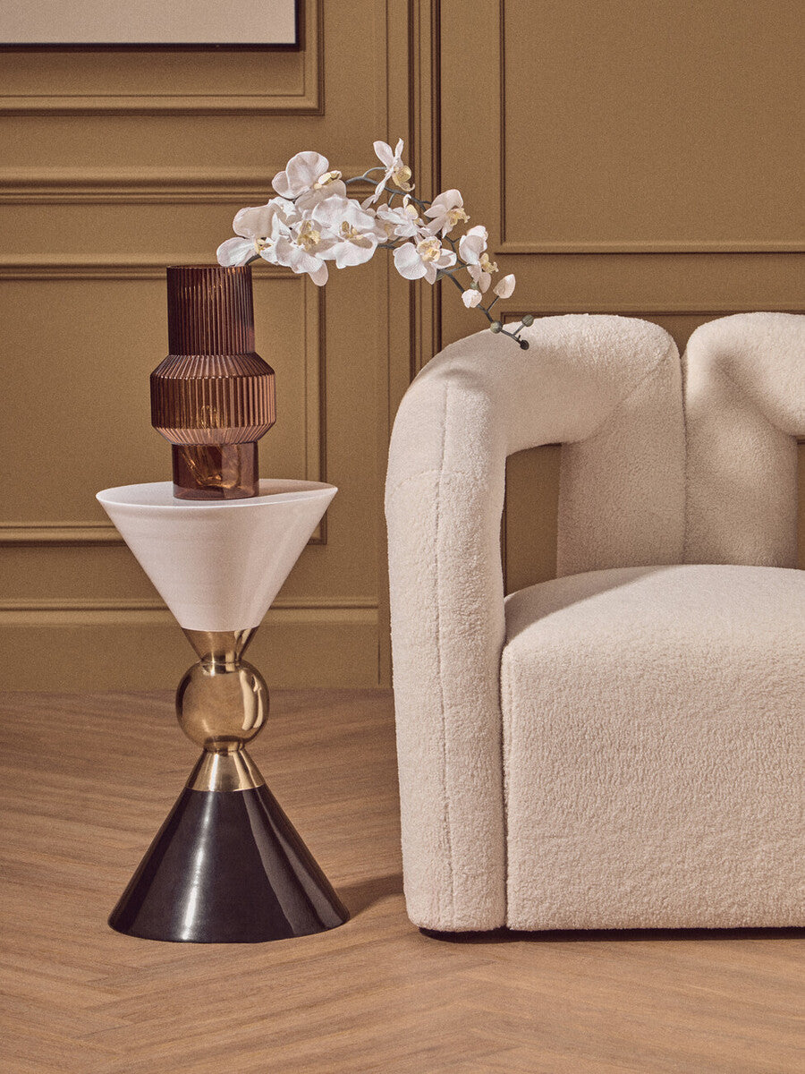 Gold & Black Metal Angular Side Table With White & Black Top & Rounded Base, Martini