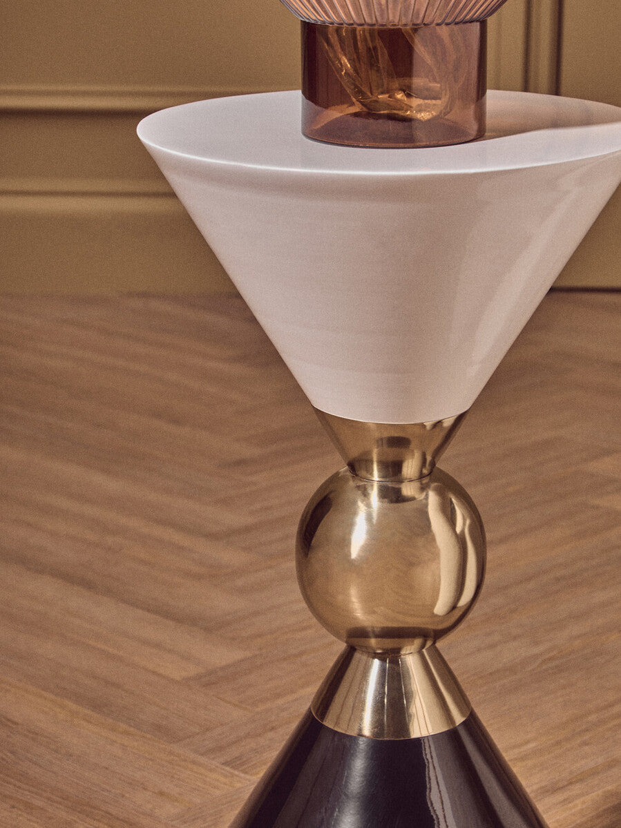 Gold & Black Metal Angular Side Table With White & Black Top & Rounded Base, Martini