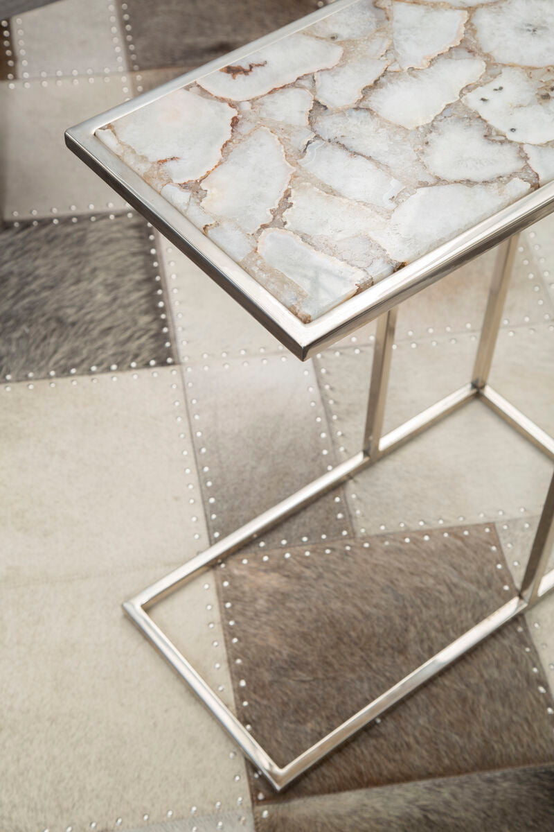 White & Silver Semi-Precious Agate Side Table With Banded Pattern, Vita