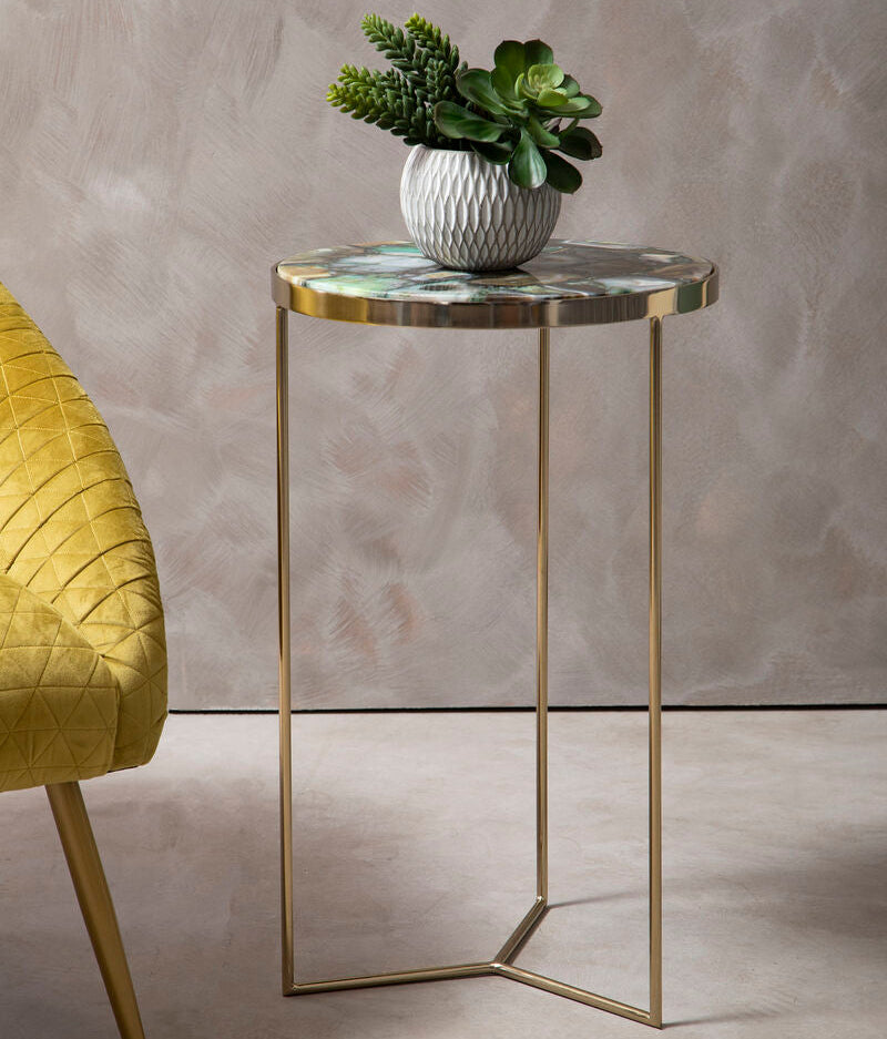 Gold & Assorted Warm Metal Frame Agate Round Side Table, Vita