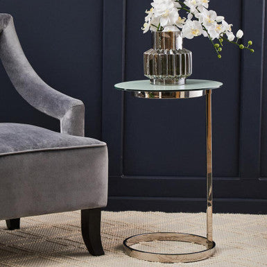 Silver Open Circular Base End Table With White Marble Top, Oria
