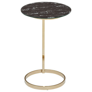 Gold Open Circular Base End Table With Black Marble Glass Top, Oria