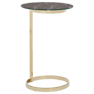 Gold Open Circular Base End Table With Black Marble Glass Top, Oria